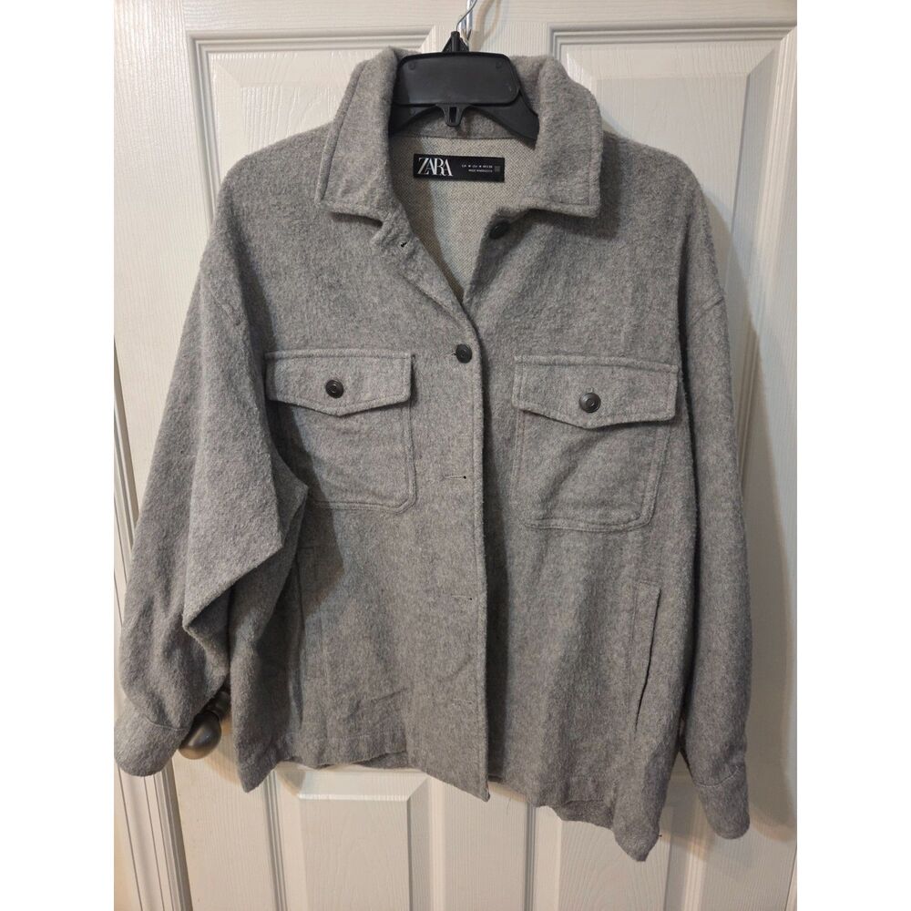 Zara Womens Wool Button Down Long Sleeve Shirt Jacket Size Medium Gray